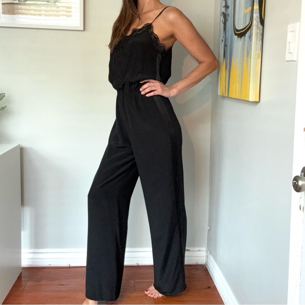 Cami NYC Sonia Silk Jumpsuit, Black, Spaghetti Straps, Wide Leg, Small